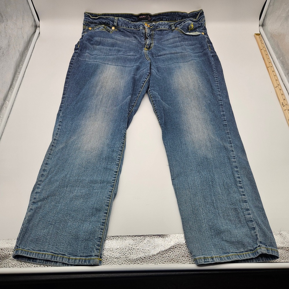 Baby Phat Womens Plus Size 24 Blue Stretch Straight Leg Jeans Yellow Stitch Y2K